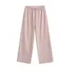 2650-26 Calça Longa Casual Solta, Calça Listrada, Cintura Alta, Calça Reta Drapeada, Listras Rosas de Verão, Cintura Elástica com Cordão