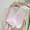 Cardigan de Tricô com Gola de Seda Gelada Proteção Solar Feminino Estilo Fino Verão Peça Externa Branca Xale Camisa de Ar Condicionado Top Curto Jaqueta