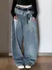 Marca de moda transfronteriza estilo americano, silueta bordada, corte curvo, moderno, unisex, diseño 2026, jeans largos holgados de pierna ancha