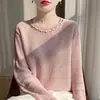 Suéter de Punto Hueco con Perlas de Alto Diseño Estilo Francés para Mujer, Suéter Pulóver Azul Claro, Cuello Redondo, Top Básico Holgado