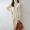 Vestido de punto de cuello alto 100% lana pura con bolsillos, extralargo, nuevo estilo otoño/invierno, casual holgado, suéter hasta la rodilla