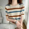 Top fino casual de punto de algodón puro a rayas bicolor con cuello redondo, estilo coreano de verano, elegante, casual, suave y cómodo para mujer