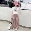 Conjunto de Verano para Niñas 2026 Nuevo Elegante Ropa de Verano Infantil para Niños Mayores Pantalones a Cuadros Casuales Pantalones de Pierna Ancha Conjunto de Dos Piezas