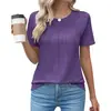 Camiseta top de mujer de manga corta plisada de color liso con cuello redondo para primavera y verano