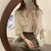 Toma real: Camisa de mujer de color albaricoque, estilo coreano vintage, versátil, de color liso, con diseño simple, top casual y holgado para verano 17784