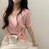 Em Estoque Ins Coreano 2026 Verão Elegante Gola V Fenda Cincha na Cintura Manga Curta Tricô Top para Mulheres