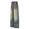 Gd006 Calle Principal Estilo Americano Unisex Jeans de Mezclilla Lavados Vintage con Botones y Diseño de Bigotes de Gato para Hombres, Corte Holgado