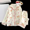 Conjunto de ropa de casa para niños con cuello de solapa, adecuado para primavera y otoño, fino y ligero, cárdigan de manga larga, estilo coreano, pijama de algodón con estampado de nubes para niñas