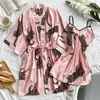 Conjunto de Pijama Estampa de Leopardo Robe Shorts Calça Longa Seda de Simulação Moda Feminina Roupa de Casa Pijamas Em Estoque Atacado