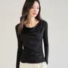 26 Primavera Nuevo Estilo Hombros Descubiertos Manga Larga Tejido Elegante Petite Camisa Base Superior para Mujer 22651
