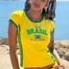 Top Estético Retrô Europeu e Americano Amarelo Camiseta de Verão Padrão de Letras Bordadas Manga Curta Barriga de Bebê Sexy Rua