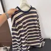 Camiseta de manga larga a rayas con bloques de color retro en color blanco, cuello redondo, para mujer, estilo coreano de otoño, corte relajado, top casual holgado y favorecedor