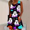 Vestido sin mangas con estampado de rosas y murciélagos de Halloween, estilo tinta oscura, minivestido tipo tank top de corte A holgado con cuello redondo