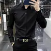 Camisa masculina de manga comprida de marca importada francesa, novo modelo de outono, resistente a rugas, não precisa passar, elástica, corte slim, camisa business casual