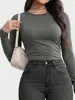 Camiseta Base Popular de Cuello Redondo y Manga Larga Transfronteriza para Mujer, Camiseta de Color Sólido Elástica Fina de Corte Ajustado para Verano, para Usar como Capa Exterior