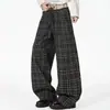 Pantalones Casuales de Retazos con Doble Cintura Estilo Retro Americano Cuadriculados para Hombres y Mujeres Pierna Ancha Holgada de Longitud al Suelo con Cordón Largos