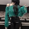 Suéter de imitación de visón sin hombros para mujer Otoño e Invierno 2026 Nuevo Suave Verde Peludo Tejido de punto Top corto de manga larga