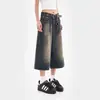 Jeans Cropped de Pierna Ancha para Mujer, Estilo Verano, Lavado Retro, Pantalones Rectos Desgastados, Cintura Semi-Elástica, Shorts Casuales Sueltos