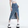 Saia jeans de cintura alta com bainha desfiada para mulheres, saia midi irregular com franjas para o verão, estilo hot girl, transfronteiriça