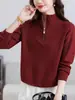 Suéter Feminino Andy de Lã com Zíper Meio e Gola Alta Outono/Inverno Camada Interna Para Pessoas Baixas Top Estiloso Moda que Reduz a Idade Camada de Base Feminina