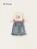 Bangxuan Roupas Infantis Coleção Outono Tops para Meninas com Renda Mangas Longas e Jeans Conjunto de Duas Peças Infantil Calças de Pernas Largas Roupa para Meninas