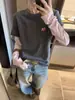 Camiseta larga de mujer con diseño color block, estilo coreano, de ante cepillado, dos piezas, top versátil y favorecedor, adecuada como capa base o prenda exterior en otoño
