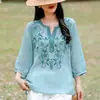 Top Estilo Chinês Feminino Algodão Linho Camisa Bordado Sete Mangas Decote V 2026 Verão Novo Top Pequeno