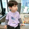 Camiseta de Manga Larga Rayada Patchwork de Dibujos Animados para Niños, Algodón Puro para Primavera y Otoño, Estilo Coreano, Holgada, Moderna, Camiseta Básica Informal para Niños