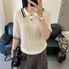 Blanco Color-Blocking Verano Versátil Nuevo Color Sólido Viajero Ajustado Único Chic Tejido Cuello Polo Manga Corta Top