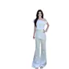 Conjunto de Dos Piezas para Tallas Grandes de Chica Gordita: Top Corto Asimétrico de un Solo Hombro + Pantalones de Micro Campana Irregulares Elegantes Reductores que Cubren los Glúteos