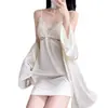 Conjunto de camisola e roupão de seda gelada, fino e leve, para as estações de primavera e outono, pijamas sexys de seda para mulheres, conjunto de duas peças de verão, adequado para vendas transfronteiriças
