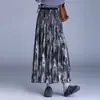 Saia plissada de tule com estampa tie-dye estilo vintage, elegante saia longa de cintura alta que afina, corte em A