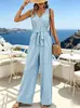 Mono de Raya Europeo y Americano Transfronterizo para Mujer, Verano sin Mangas Cuello en V Abotonado con Lazo Pierna Ancha Cintura Alta Pantalón Largo, Estilo Vacacional