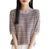Verão Feminino Novo Suéter Tricotado Feminino Lyocell Tencel Gola Redonda Fino Combinação de Cores Manga Curta Camiseta Feminina Atacado Feminino