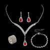 Moda Europea y Americana Simple Diamante Completo Cuello en V Gota de Agua Colgante Collar Aretes Anillo Traje Aretes de Diamantes de Imitación Juego de Cuatro Piezas para Mujer